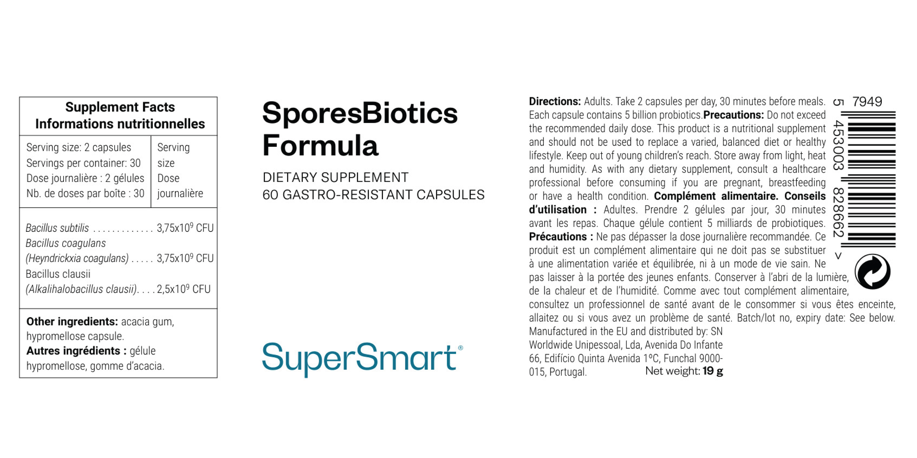 Probiotique à spores de Bacillus clausii, subtilis et coagulans